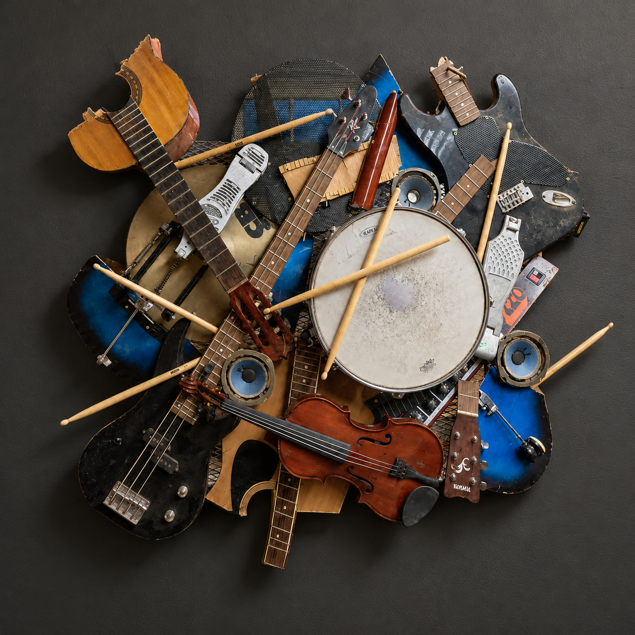 Wall sculpture by Hercworx made from broken guitars, a snare drum, violin, drumsticks and old speakers