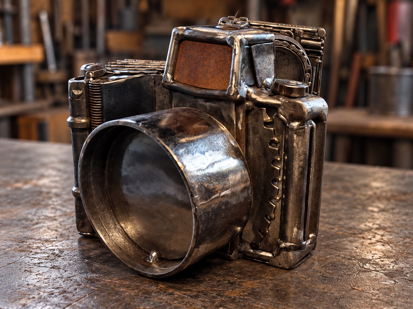Centered view of the Hercworx scrap-metal camera sculpture, showing its steel lens, textured grip and welded details