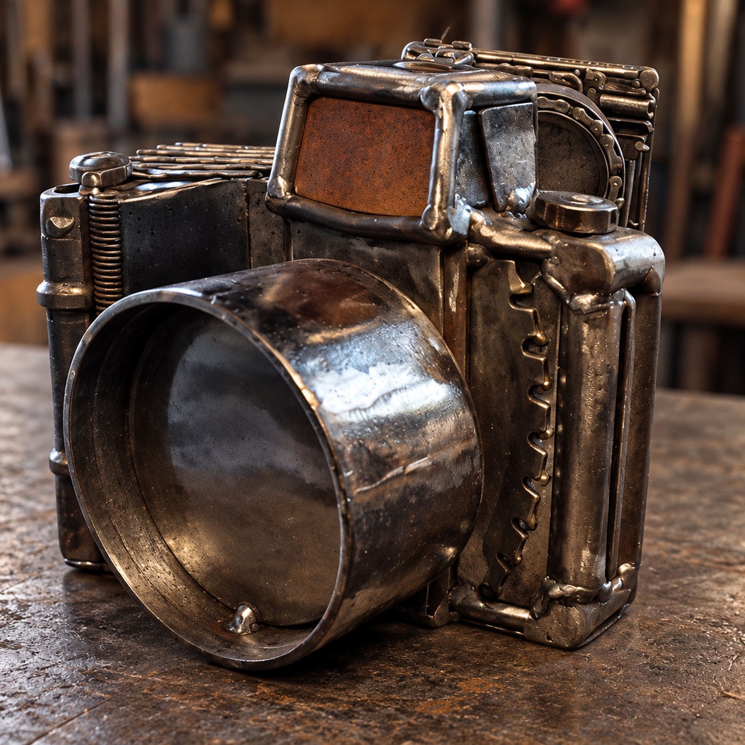 Hercworx scrap-metal camera sculpture with a steel lens, textured grip and handmade welded details