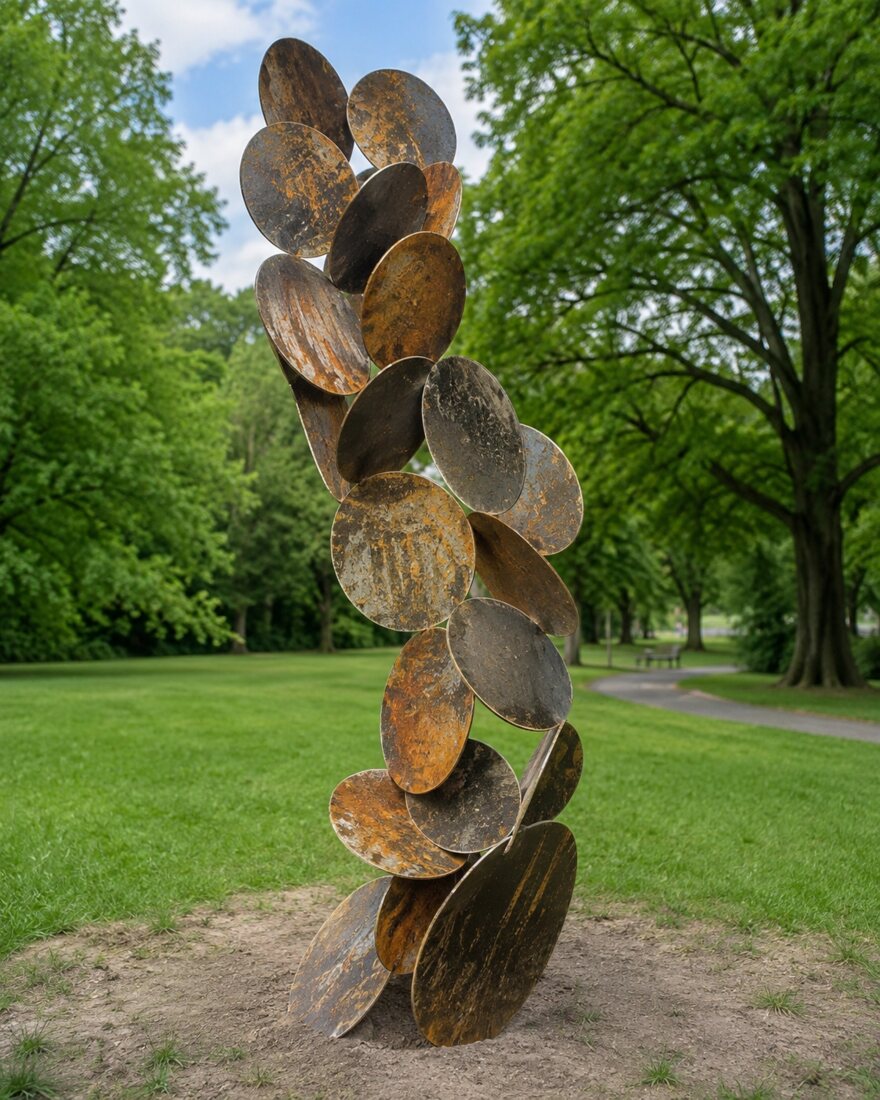 MEANDER concept visualization showing a twisting column of overlapping steel discs in a park
